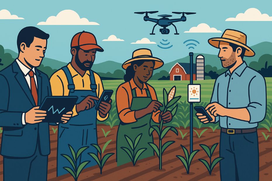 An investor and local farmers using data and tools to manage agricultural risk on a modern farm.